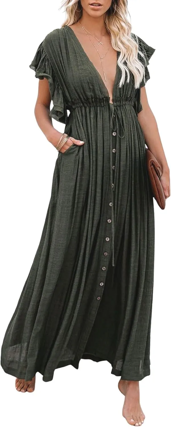 loveimgs Women's Casual Deep Plunge Cutout Ruffle Sleeve Swing Beach Maxi Dress Backless Coverup
