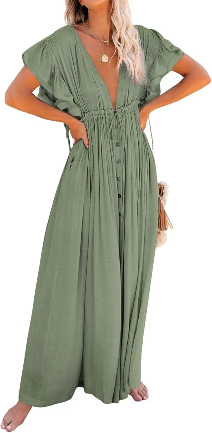 loveimgs Women's Casual Deep Plunge Cutout Ruffle Sleeve Swing Beach Maxi Dress Backless Coverup