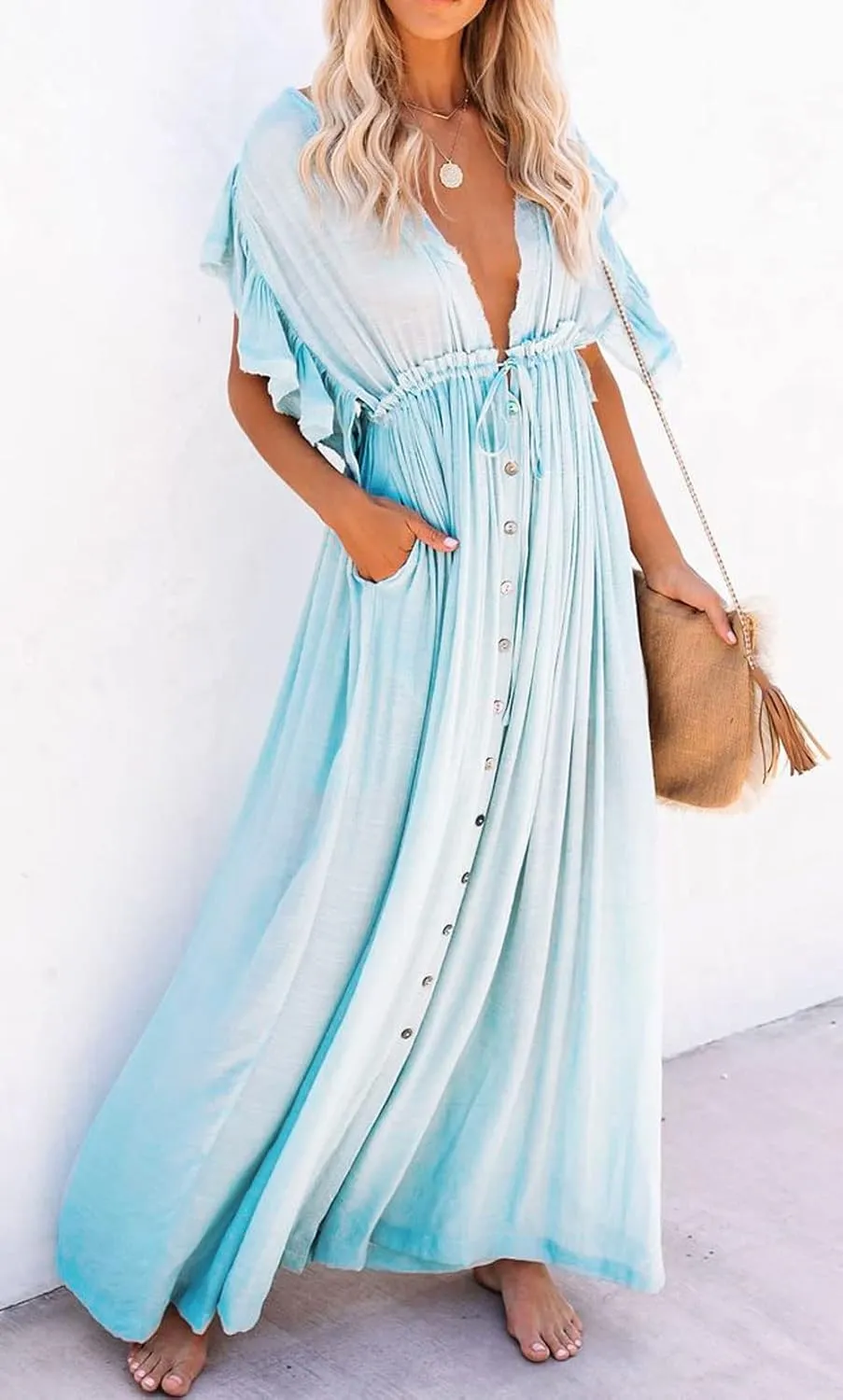 loveimgs Women's Casual Deep Plunge Cutout Ruffle Sleeve Swing Beach Maxi Dress Backless Coverup