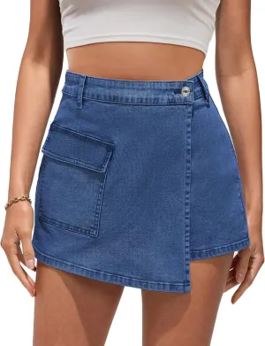 luvamia Denim Skorts for Woman Cargo Faux Wrap Jean Skort Skirts Stretchy High Waisted Skirt Shorts Country Concert Wear