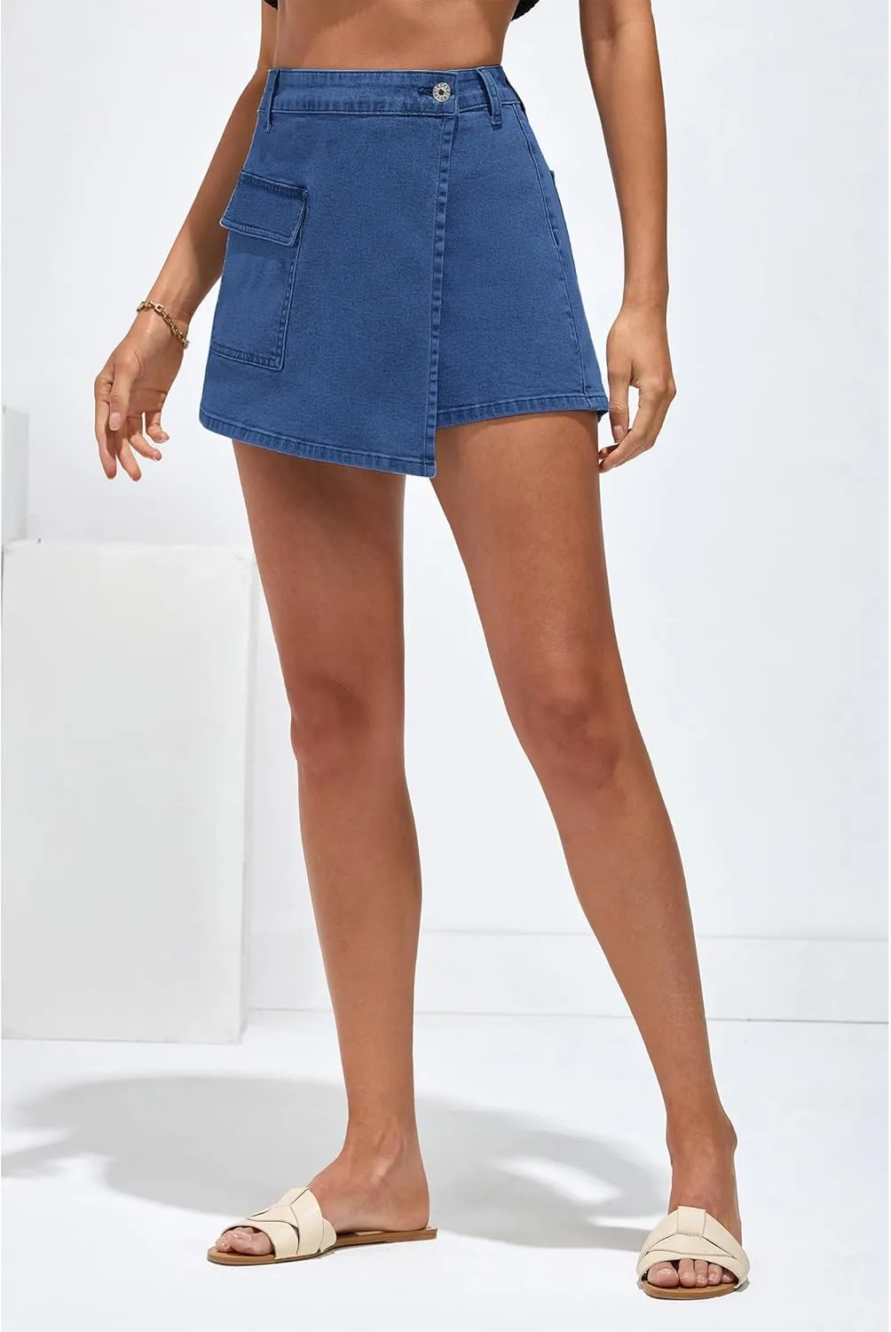 luvamia Denim Skorts for Woman Cargo Faux Wrap Jean Skort Skirts Stretchy High Waisted Skirt Shorts Country Concert Wear