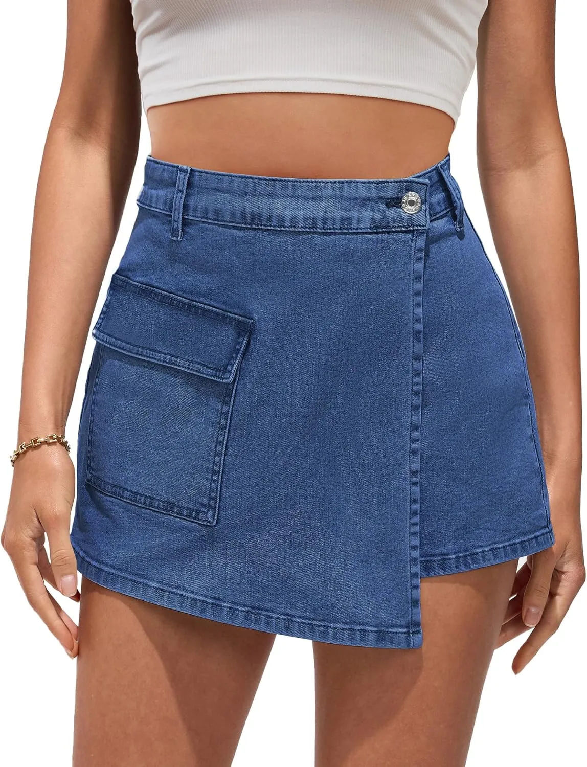 luvamia Denim Skorts for Woman Cargo Faux Wrap Jean Skort Skirts Stretchy High Waisted Skirt Shorts Country Concert Wear