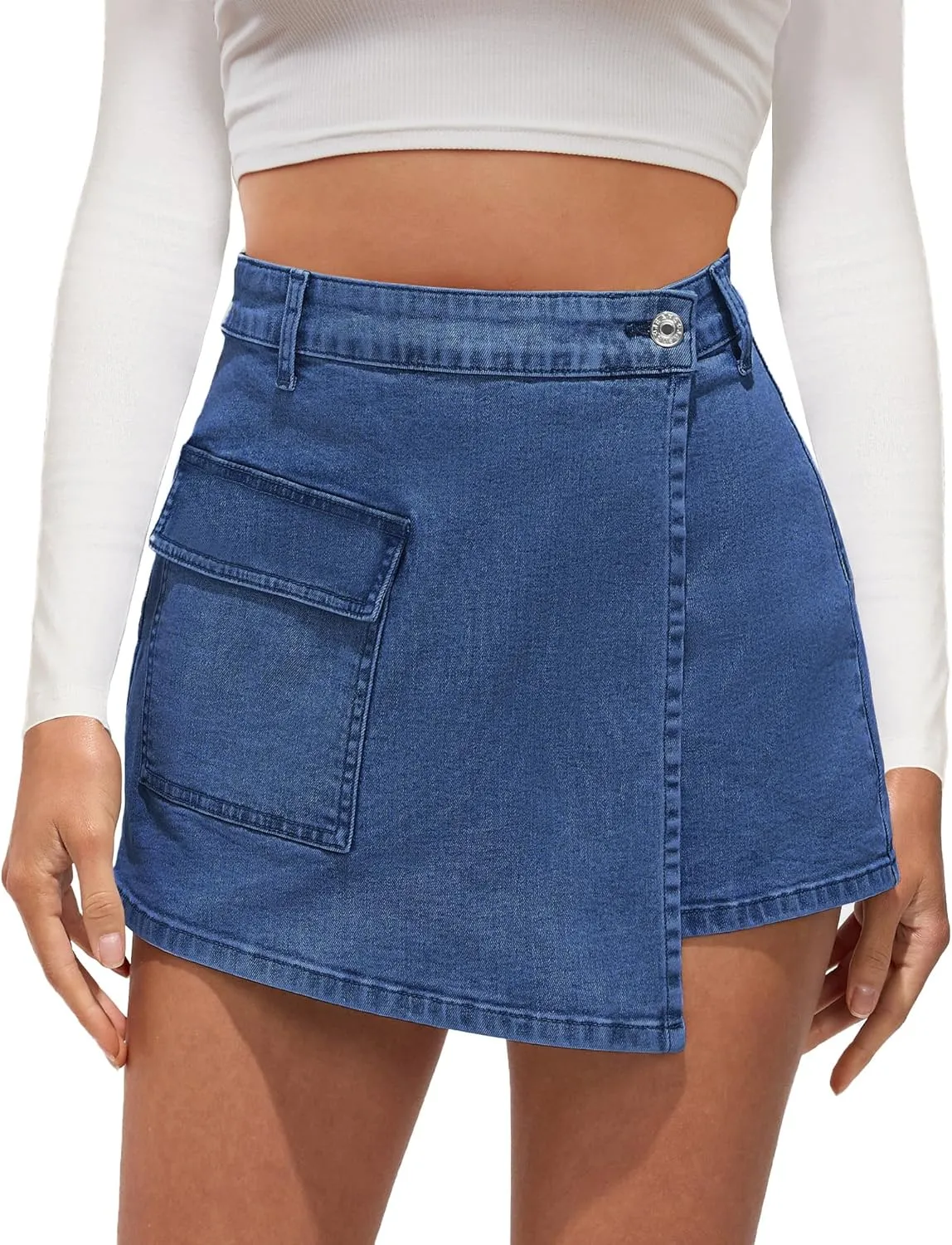 luvamia Denim Skorts for Woman Cargo Faux Wrap Jean Skort Skirts Stretchy High Waisted Skirt Shorts Country Concert Wear