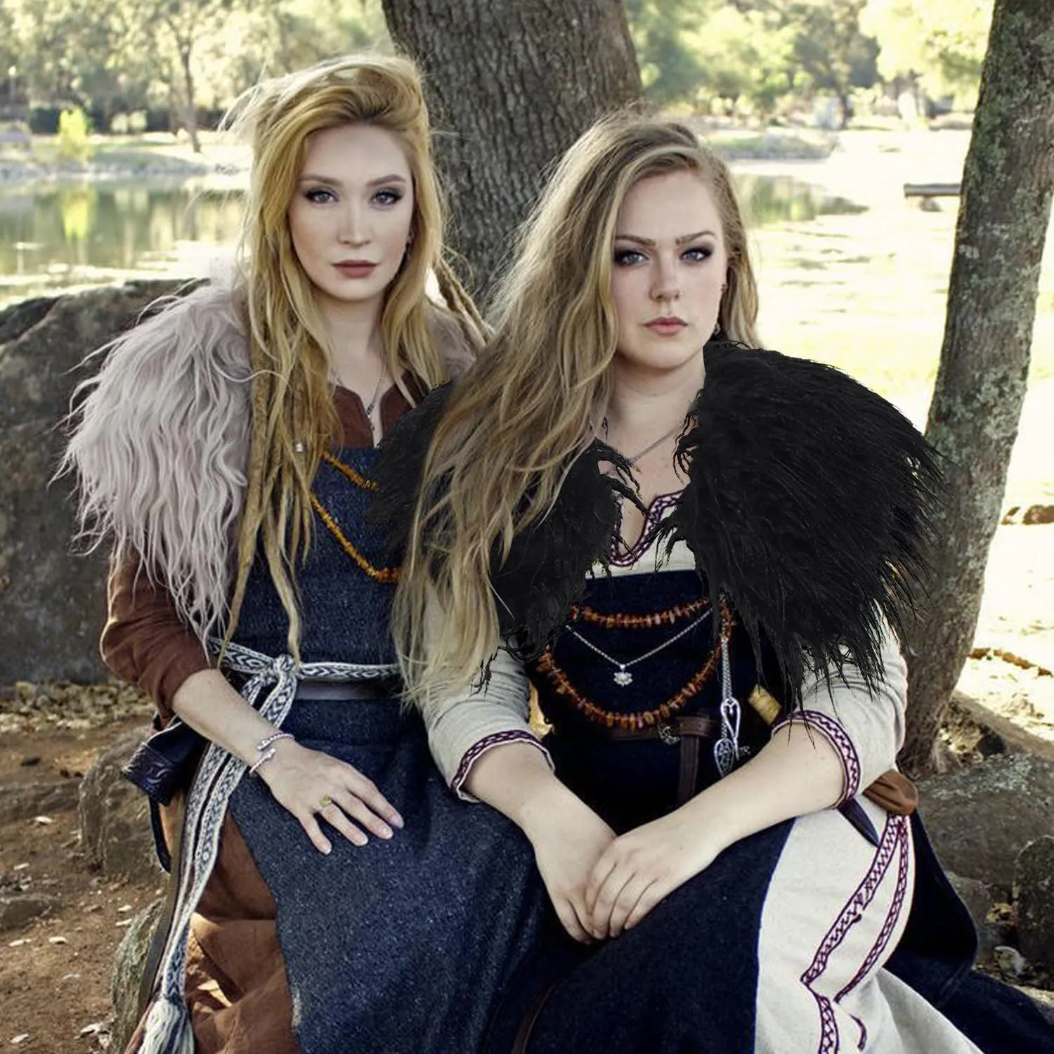 L'VOW Viking Queen Faux Woolen Fur Collar Shoulder Wrap Warrior Cape for Women LARP GoT Party Halloween Costume