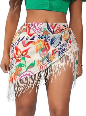 MakeMeChic Women's Floral Tie Side Wrap Tassel Mini Skirt Cover Up Beach Skirt