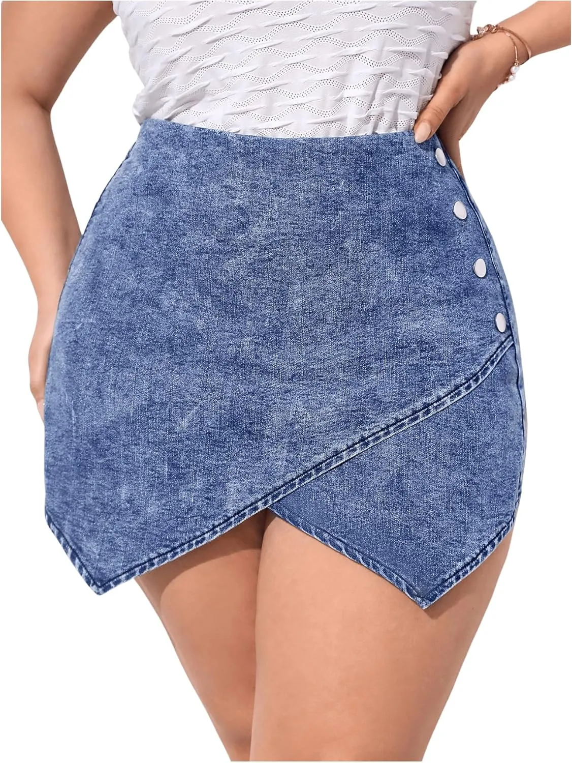 MakeMeChic Women's Plus Size Denim Skorts High Waist Wrap Asymmetrical Wrap Jean Skirt Shorts Medium Wash 0XL