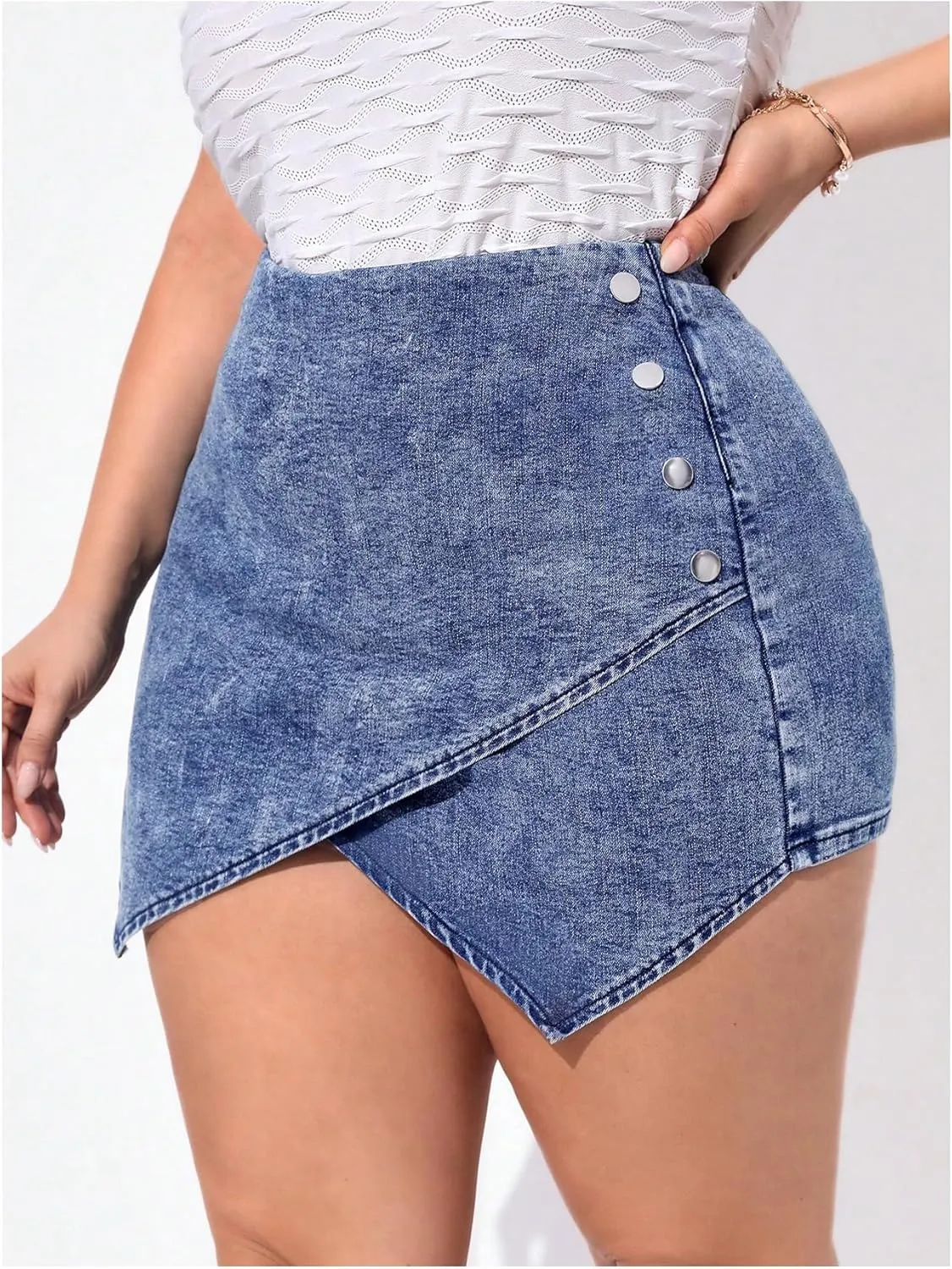 MakeMeChic Women's Plus Size Denim Skorts High Waist Wrap Asymmetrical Wrap Jean Skirt Shorts