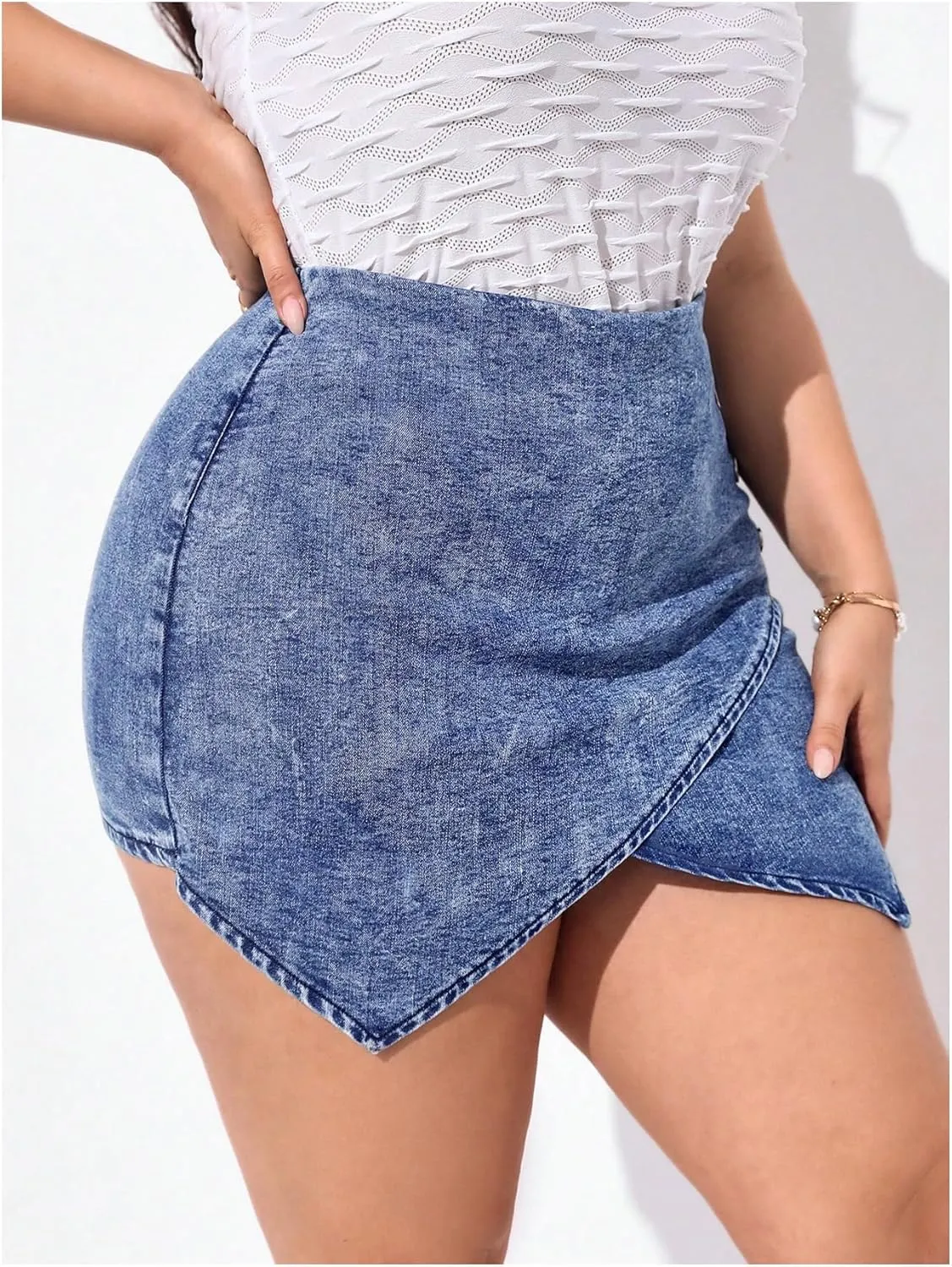MakeMeChic Women's Plus Size Denim Skorts High Waist Wrap Asymmetrical Wrap Jean Skirt Shorts