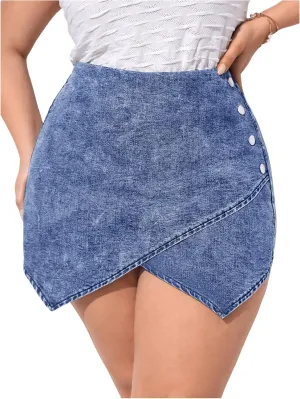 MakeMeChic Women's Plus Size Denim Skorts High Waist Wrap Asymmetrical Wrap Jean Skirt Shorts