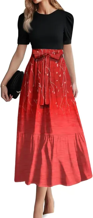 Maxi Dresses for Women 2025 Summer- Short Sleeve Floral Maxi Dress Trendy High Waist Long Dresses Flowy Summer Dress