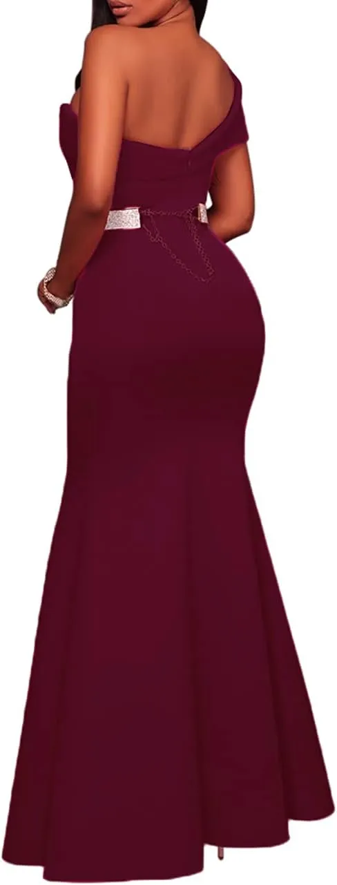 MAYFASEY Women's Sexy Off The Shoulder Oversized Bow Applique Evening Gown Party Long Maxi Dress