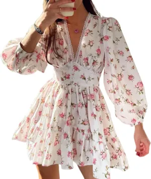 Melliflo Women's Spring Wrap Mini Dress Floral Long Sleeve V Neck Ruffle Chiffon Flowy Swing Wrap Babydoll Dress