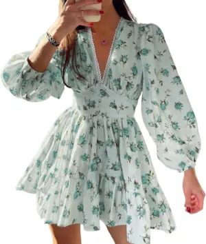 Melliflo Women's Spring Wrap Mini Dress Floral Long Sleeve V Neck Ruffle Chiffon Flowy Swing Wrap Babydoll Dress