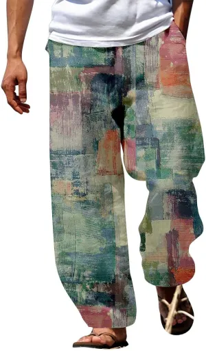 Mens Beach Pants Color Block Vacation Summer Loose Slacks Open Bottom Casual Waist Drawstring Trousers with Pocket