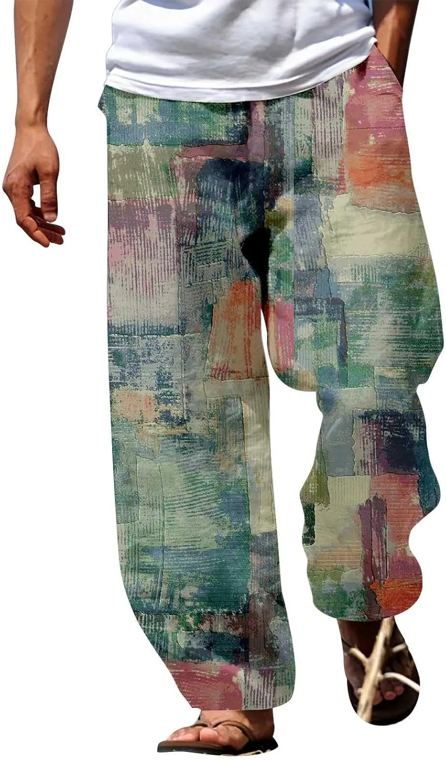 Mens Beach Pants Color Block Vacation Summer Loose Slacks Open Bottom Casual Waist Drawstring Trousers with Pocket