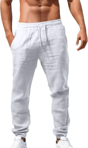 Mens Cargo Combat Work Pants Casual Linen Stretchy Drawstring Pant Sweatpants Baggy Workout Gym Joggers