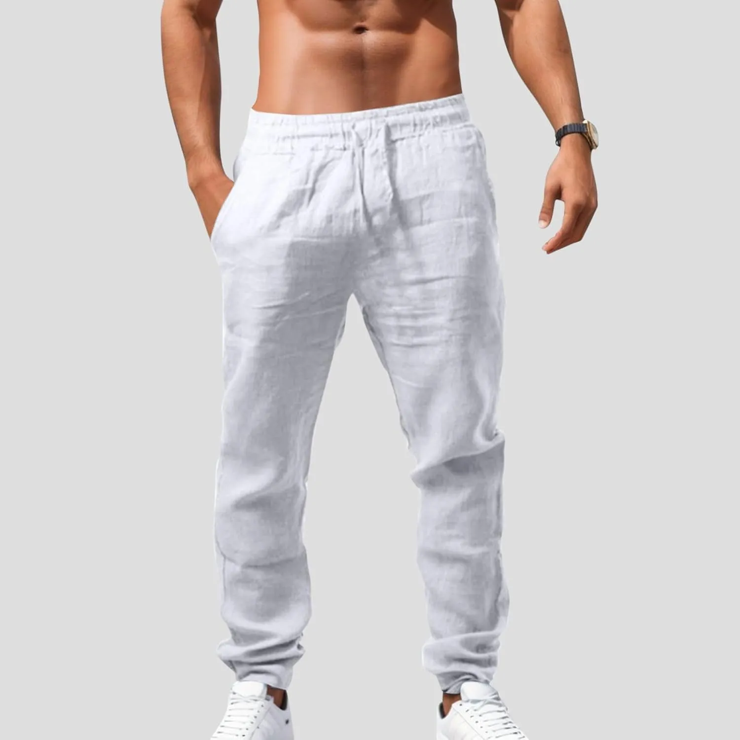Mens Cargo Combat Work Pants Casual Linen Stretchy Drawstring Pant Sweatpants Baggy Workout Gym Joggers