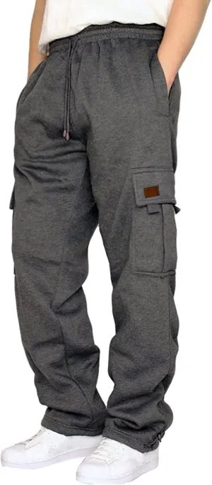 Men's Cargo Pants Fleece Casual Joggers Athletic Pants Cotton Drawstring Loose Fit Straight Sweatpants