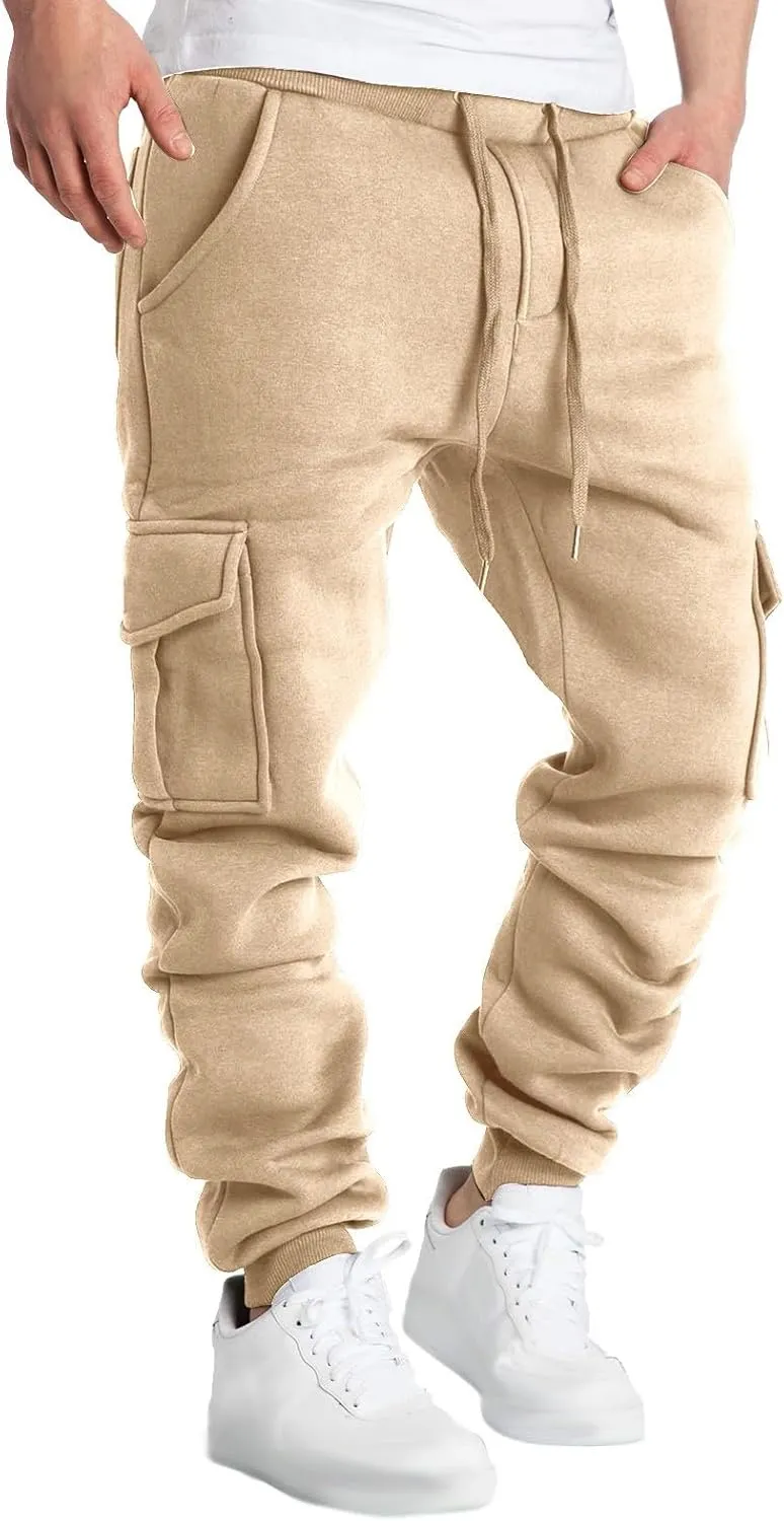 Mens Cargo Sweatpants Baggy Drawstring Elastic Waist Athletic Gym Pants Fall Winter Long Trousers with Pockets