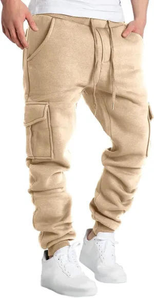Mens Cargo Sweatpants Baggy Drawstring Elastic Waist Athletic Gym Pants Fall Winter Long Trousers with Pockets