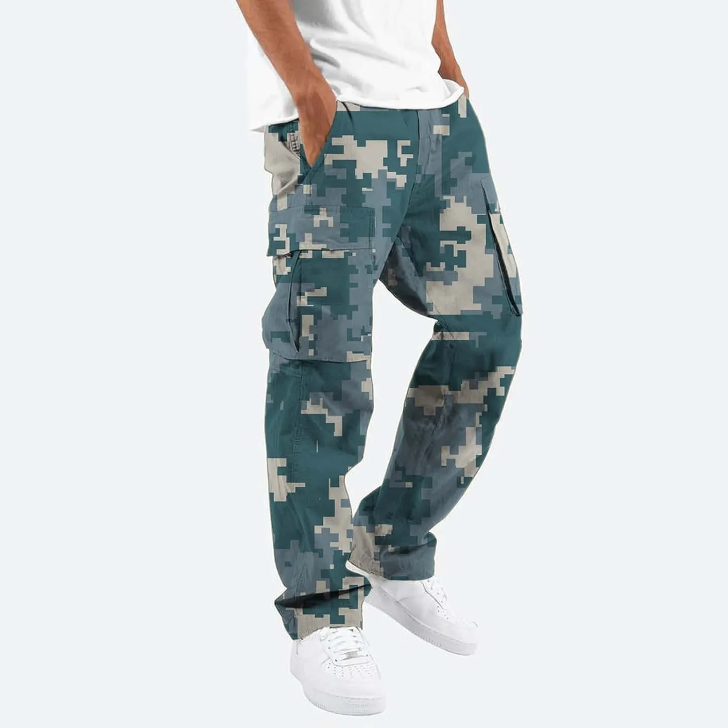 Mens Casual Joggers Pants Men's Winter Street Casual Sports Multi Pocket Up Solid Color Open Bottom Running