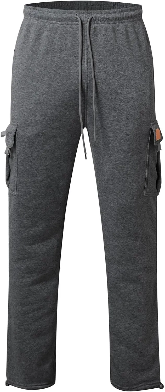 Men's Casual Pants Mens Athleisure and Fleece Bunched Feet Multi Pocket Cargo Pants Open Bottom Athletic Pants Black