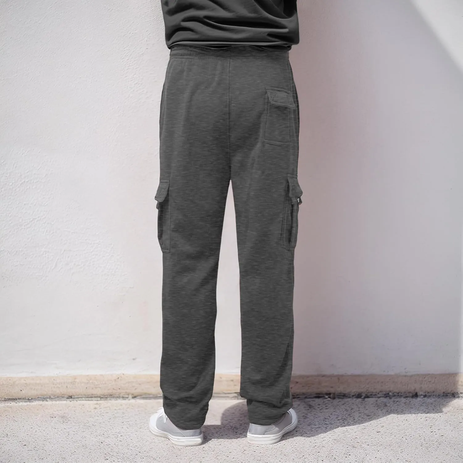 Men's Casual Pants Mens Athleisure and Fleece Bunched Feet Multi Pocket Cargo Pants Open Bottom Athletic Pants Black