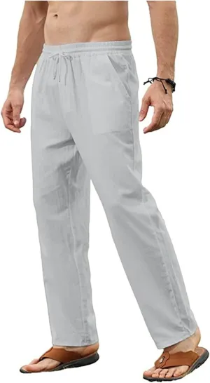 Mens Cotton Linen Pants Casual Slim Fit Solid Straight Joggers Trousers Fashion Lightweight Yoga Summer Beach Pants