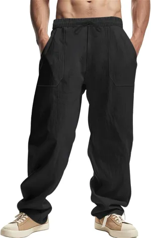 Men's Cotton Linen Pants Elastic Drawstring Waist Summer Beach Pants Casual Loose Lightweight Pant Soft Baggy Trousers
