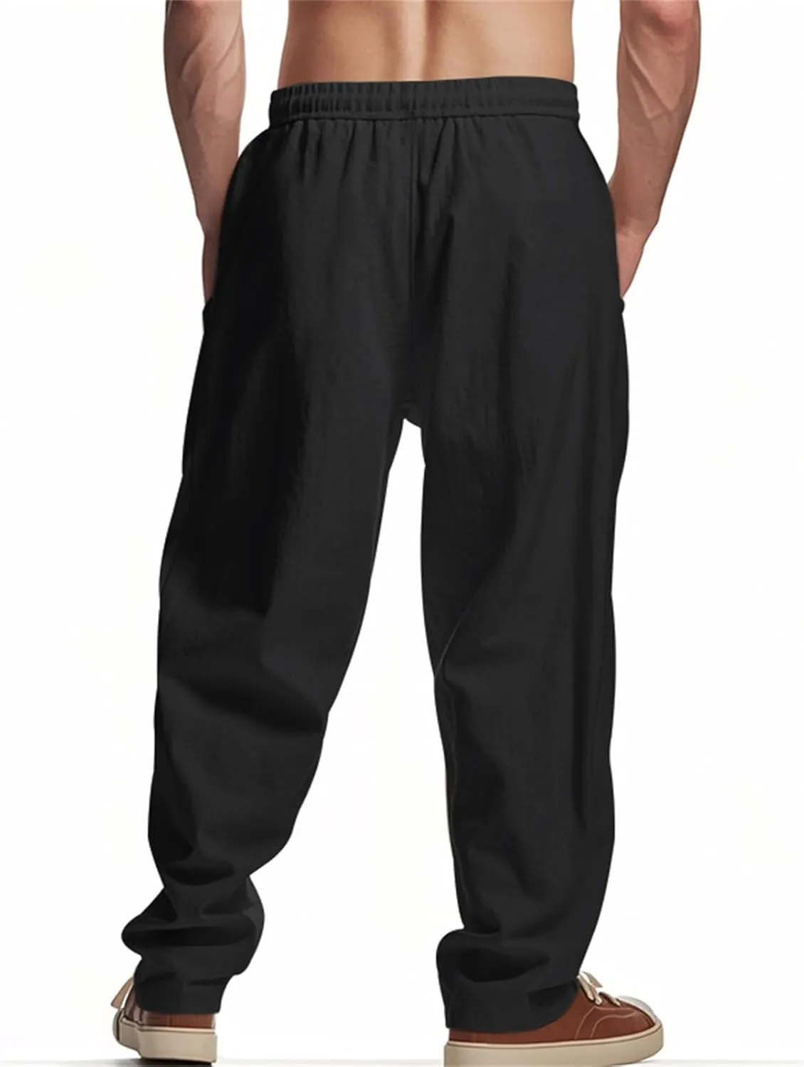 Men's Cotton Linen Pants Elastic Drawstring Waist Summer Beach Pants Casual Loose Lightweight Pant Soft Baggy Trousers