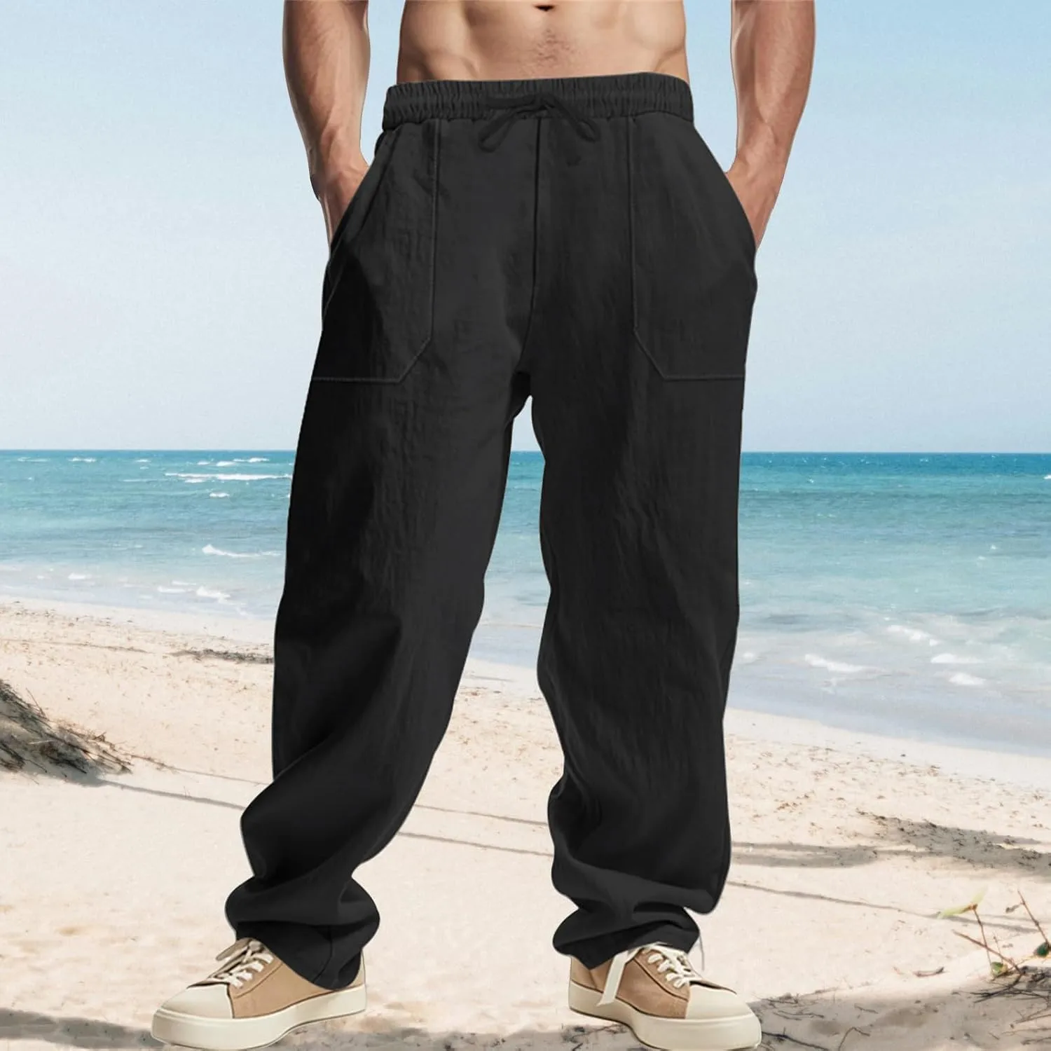 Men's Cotton Linen Pants Elastic Drawstring Waist Summer Beach Pants Casual Loose Lightweight Pant Soft Baggy Trousers