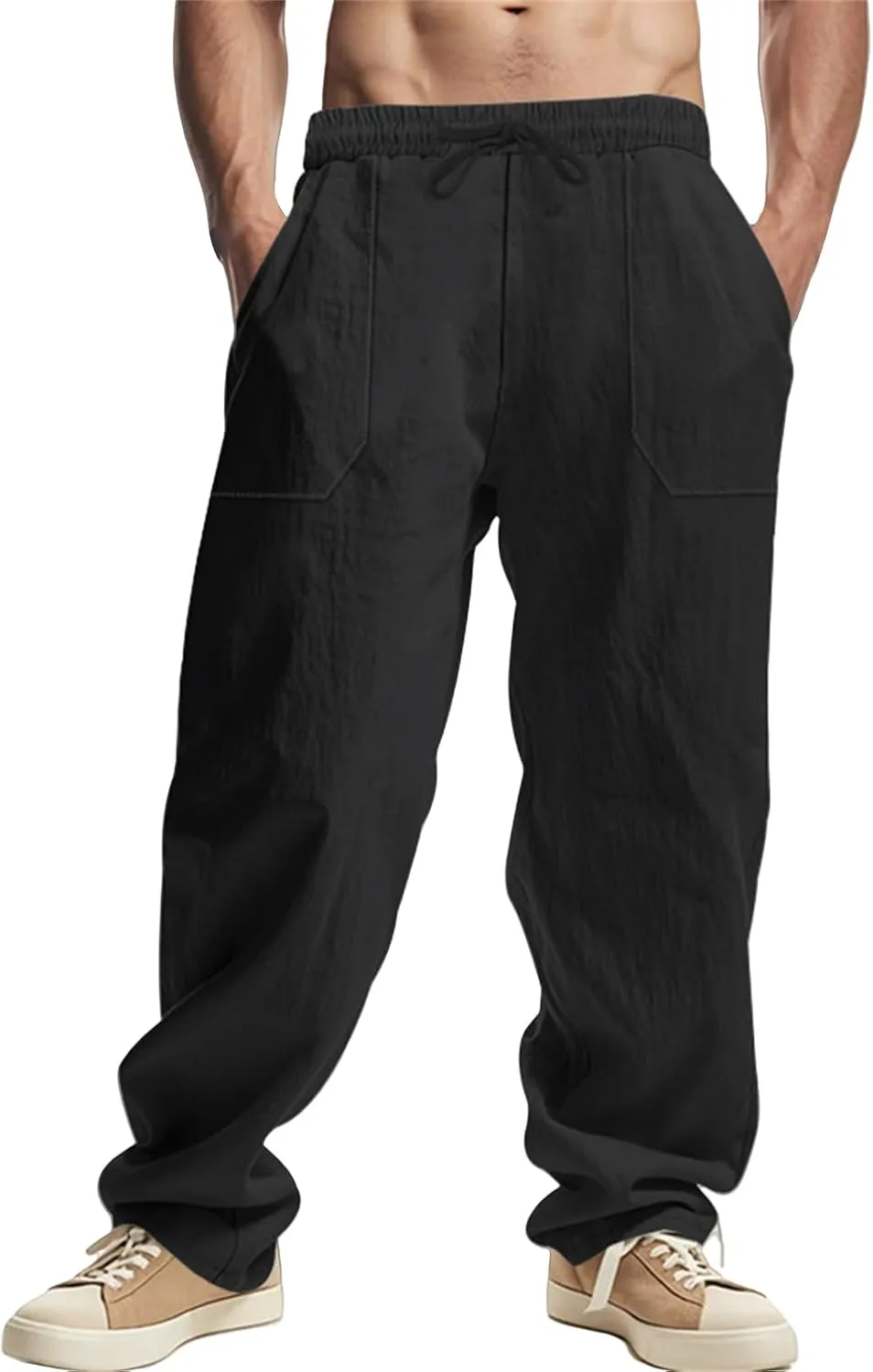 Men's Cotton Linen Pants Elastic Drawstring Waist Summer Beach Pants Casual Loose Lightweight Pant Soft Baggy Trousers