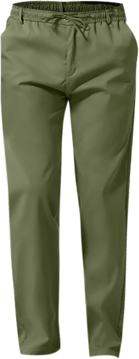 Men's Drawstring Linen Pants Lightweight Casual Regular Fit Elastic Waist Twill Pant Straight Summer Beach Trousers