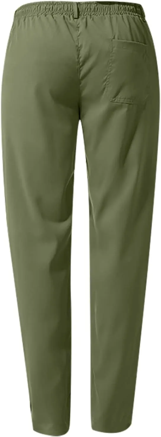 Men's Drawstring Linen Pants Lightweight Casual Regular Fit Elastic Waist Twill Pant Straight Summer Beach Trousers