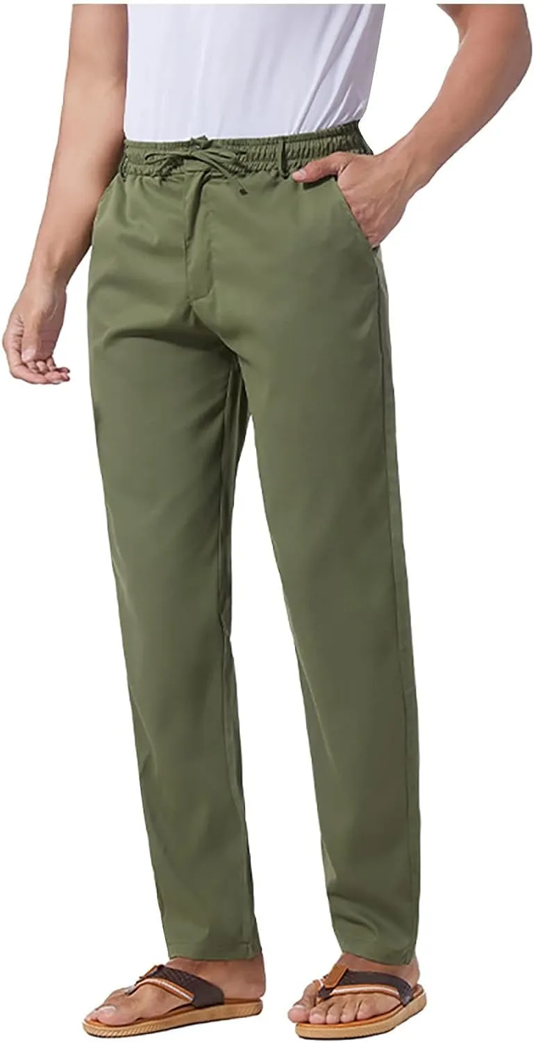 Men's Drawstring Linen Pants Lightweight Casual Regular Fit Elastic Waist Twill Pant Straight Summer Beach Trousers