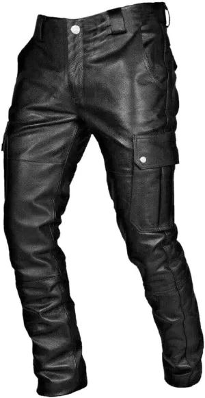 Men's Fashion Black Leather Pants Steampunk Goth Slim Fit Cargo Multi Pockets Trousers