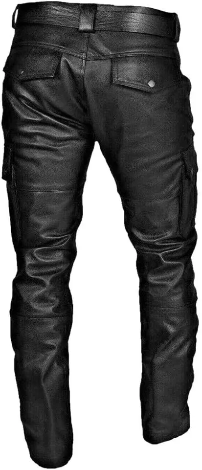 Men's Fashion Black Leather Pants Steampunk Goth Slim Fit Cargo Multi Pockets Trousers
