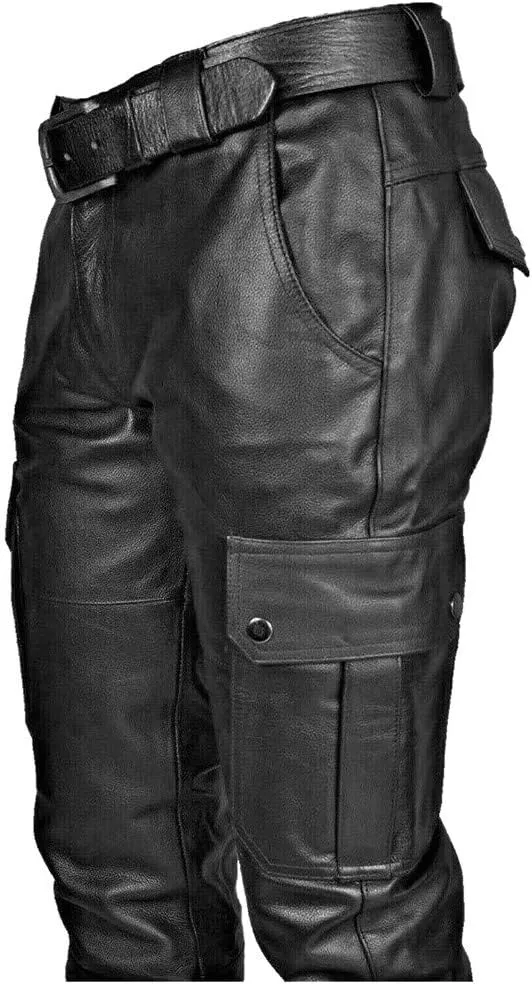 Men's Fashion Black Leather Pants Steampunk Goth Slim Fit Cargo Multi Pockets Trousers