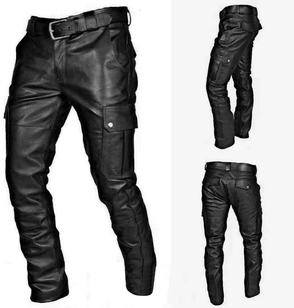 Men's Fashion Black Leather Pants Steampunk Goth Slim Fit Cargo Multi Pockets Trousers