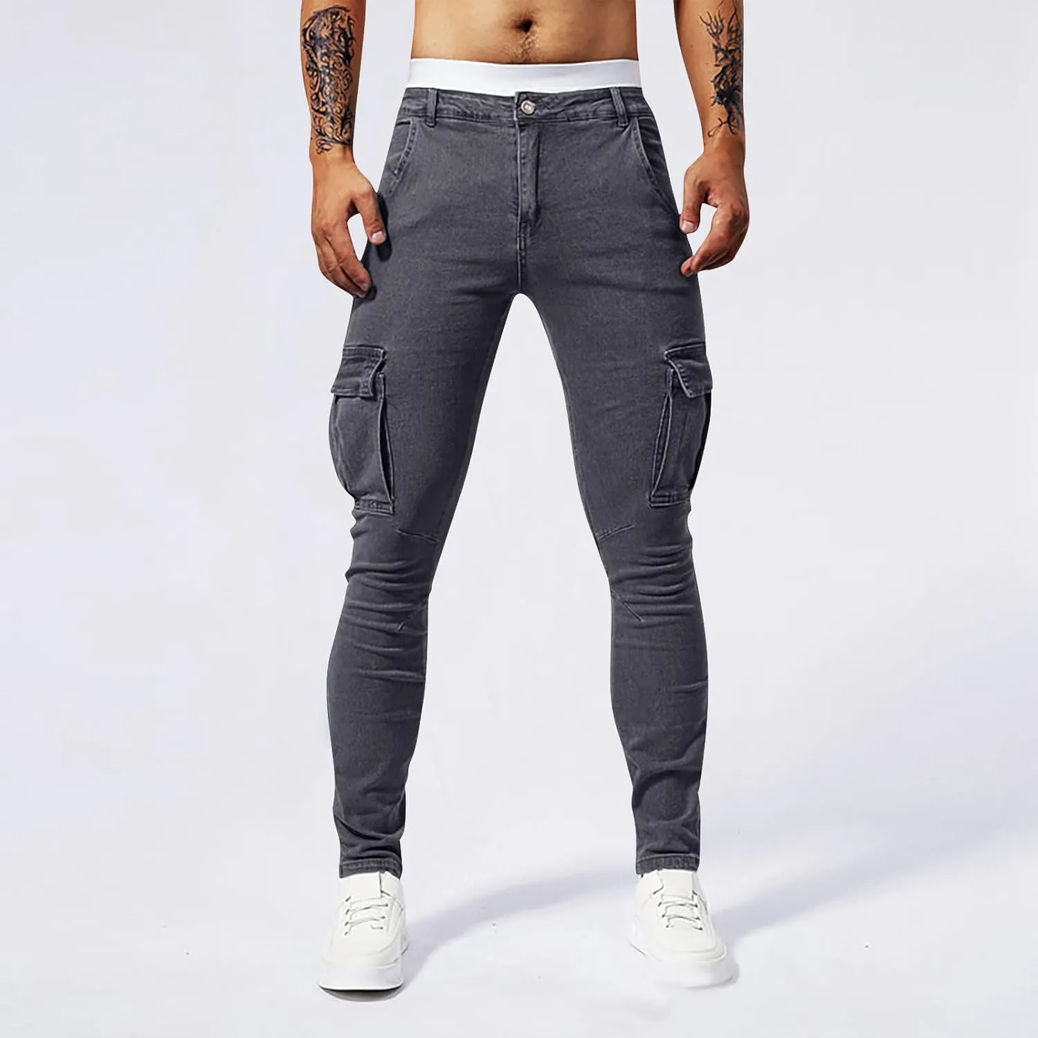 Men's Jeans Pants Fashion Solid Color Multiple Pockets Denim Cargo Trouser Stretch Slim Fit Pleated Trouser