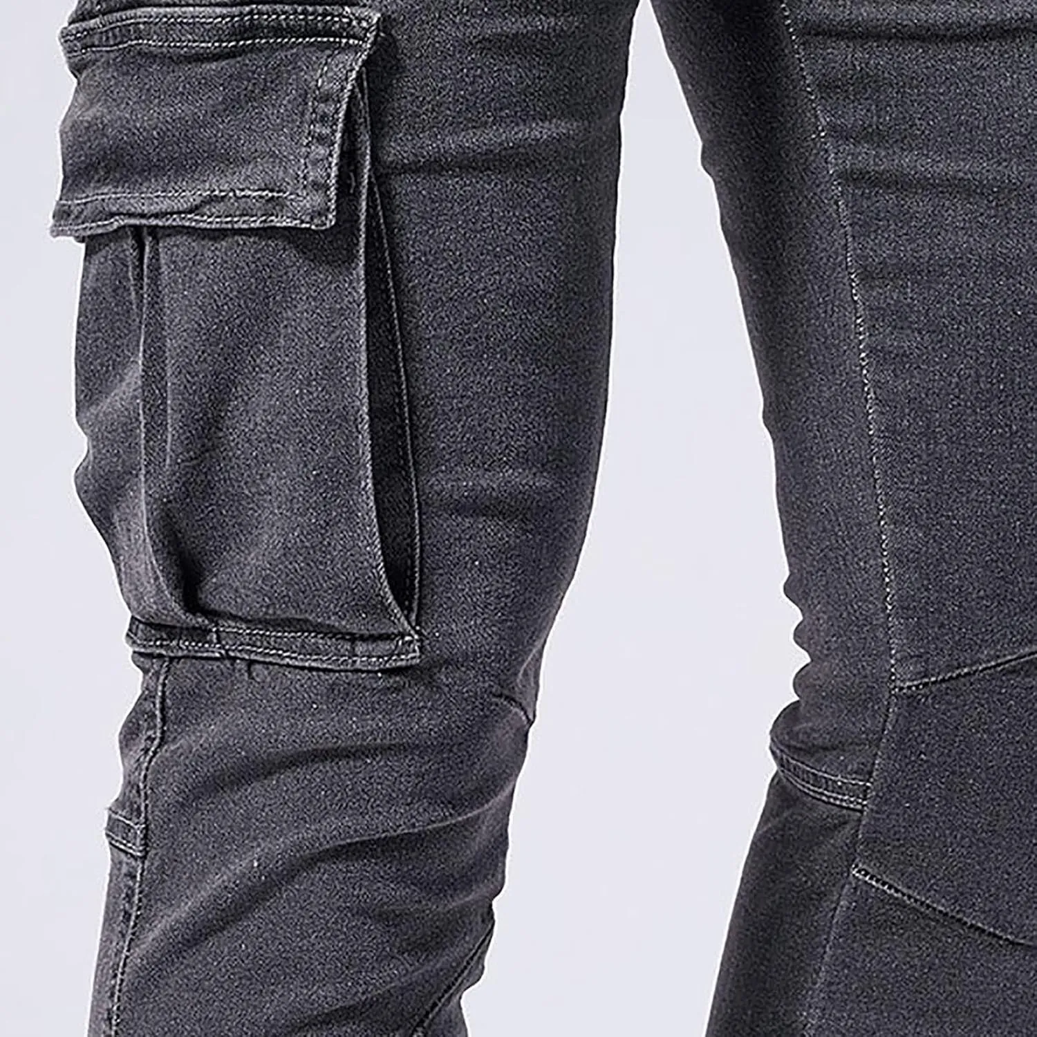 Men's Jeans Pants Fashion Solid Color Multiple Pockets Denim Cargo Trouser Stretch Slim Fit Pleated Trouser