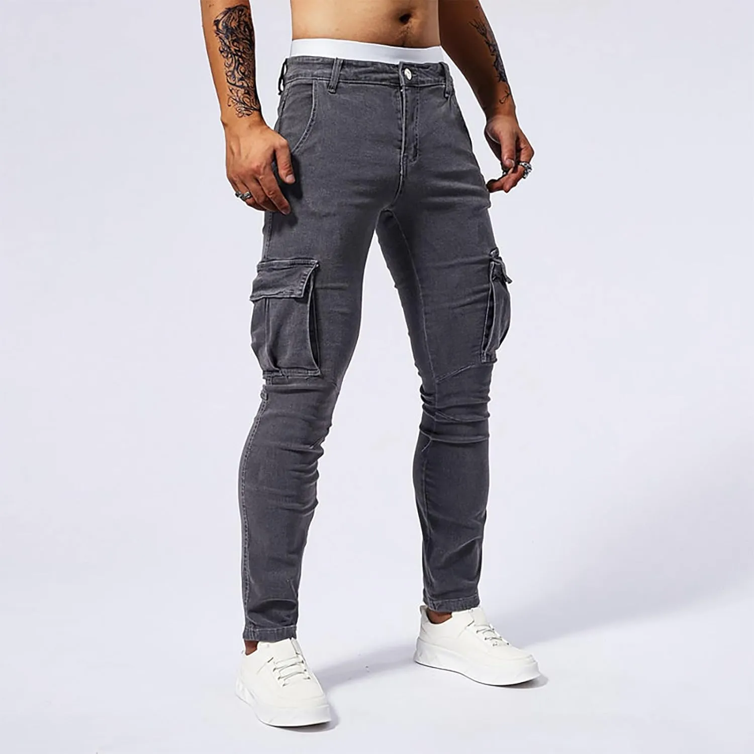 Men's Jeans Pants Fashion Solid Color Multiple Pockets Denim Cargo Trouser Stretch Slim Fit Pleated Trouser