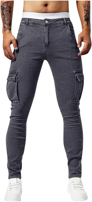 Men's Jeans Pants Fashion Solid Color Multiple Pockets Denim Cargo Trouser Stretch Slim Fit Pleated Trouser
