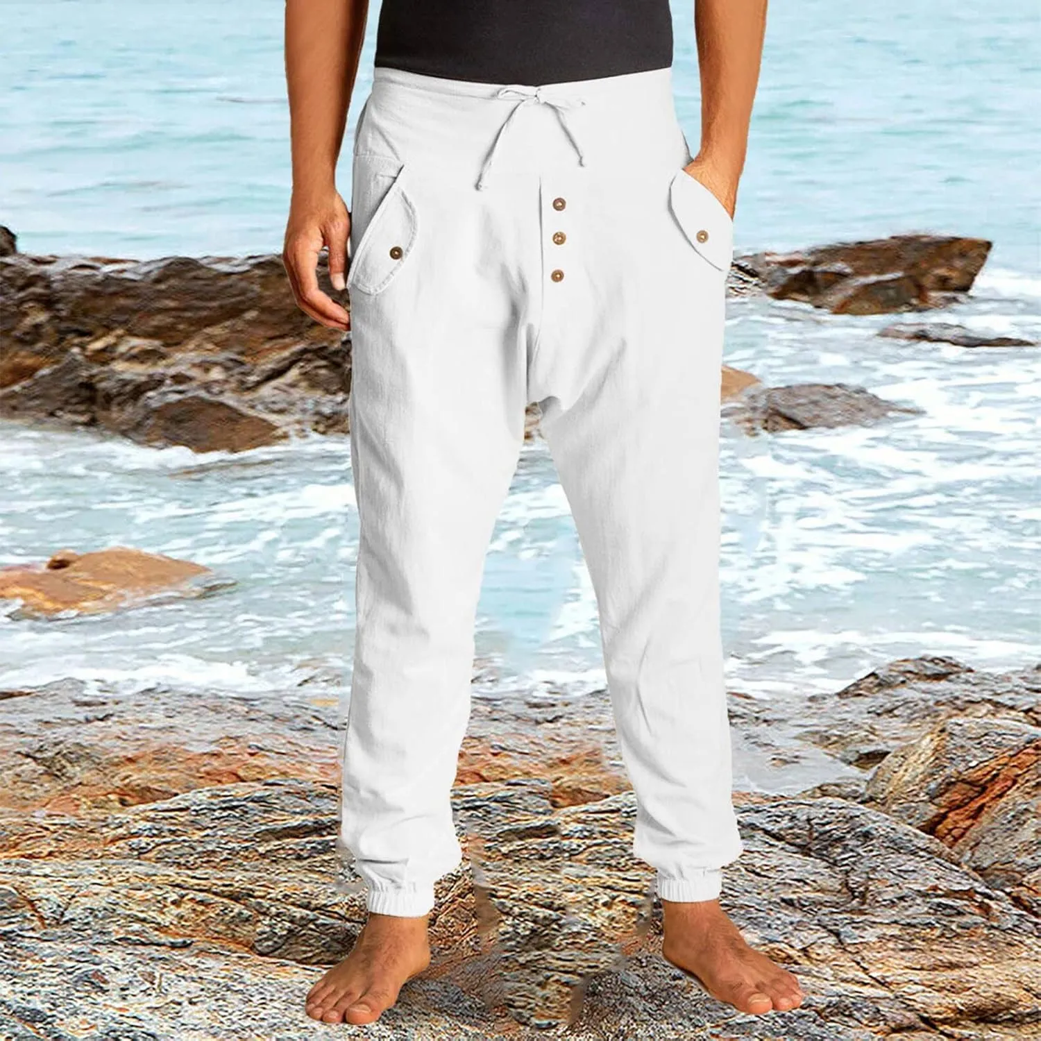 Mens Lightweight Casual Jogger Comfy Harem Slim Fit Adjustable Pants High Waist Joggers