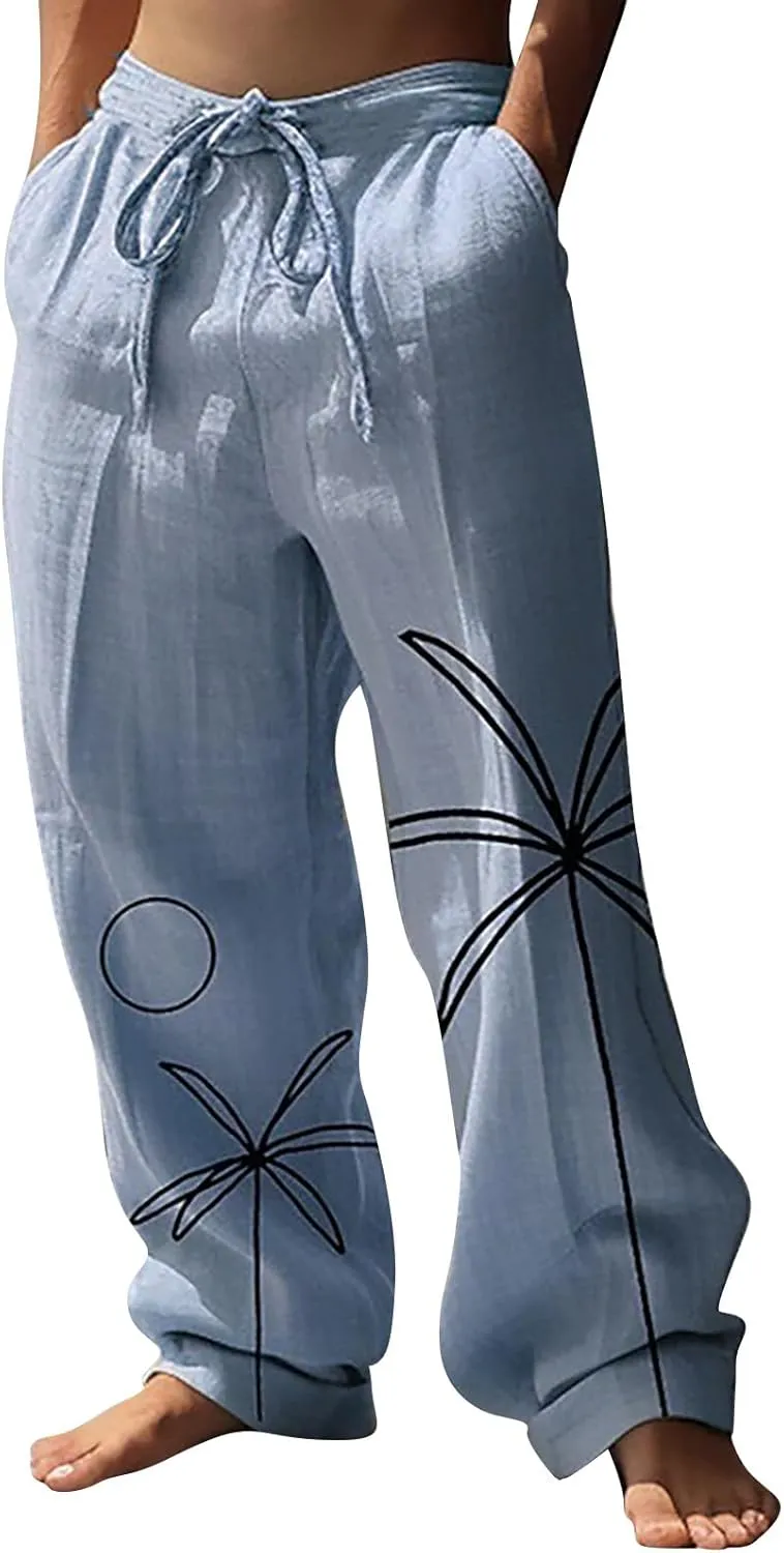 Mens Linen Beach Pants Tropical Plant Print Slacks Plus Size Summer Beach Vacation Casual Pants Open Bottom Trousers