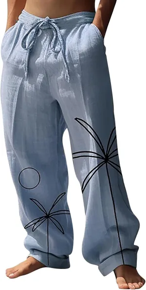 Mens Linen Beach Pants Tropical Plant Print Slacks Plus Size Summer Beach Vacation Casual Pants Open Bottom Trousers