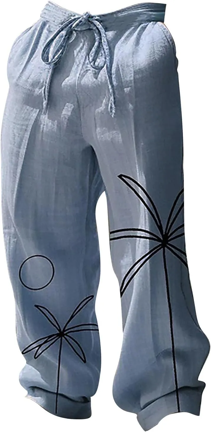 Mens Linen Beach Pants Tropical Plant Print Slacks Plus Size Summer Beach Vacation Casual Pants Open Bottom Trousers