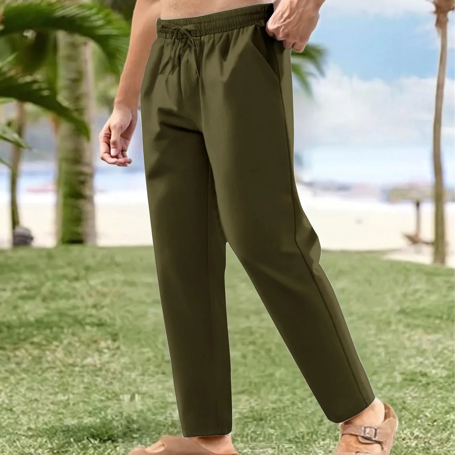 Men's Linen Casual Pants Elastic Waist Drawstring Yoga Beach Summer Pants 2025