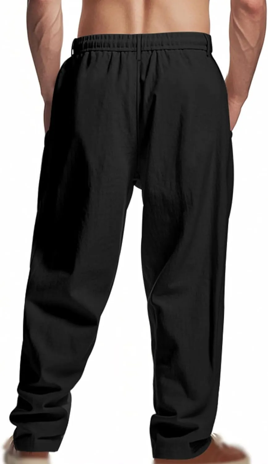 Mens Linen Pants Fashion Simple Drawstring Waist Pants Wide Leg Yoga Trouser Outdoor Breathable Comfy Travel Trousers