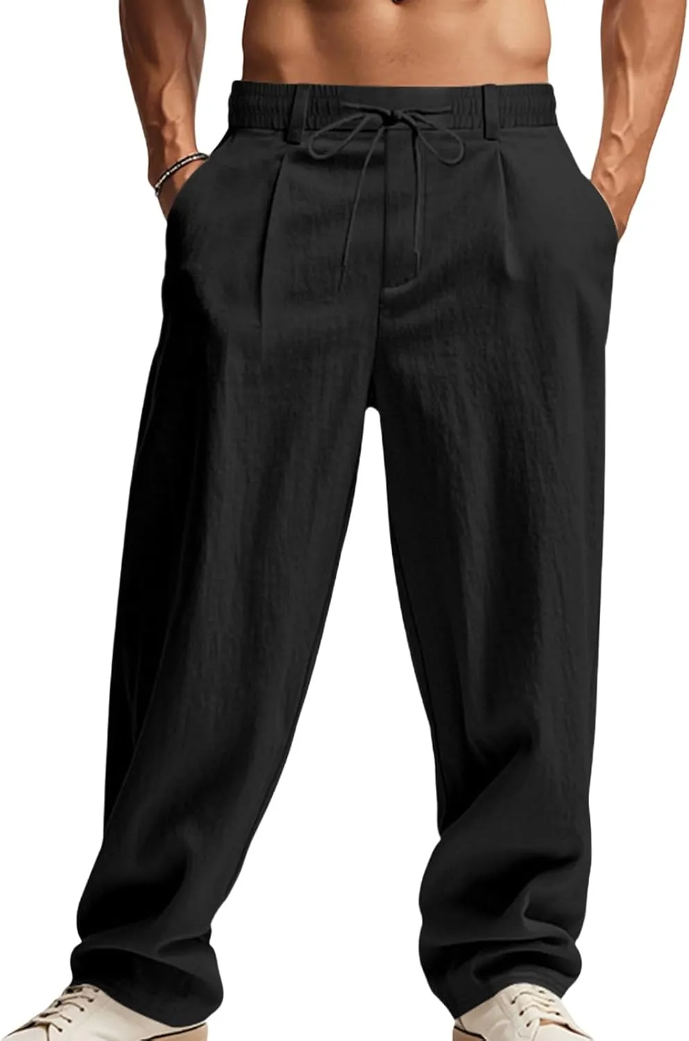 Mens Linen Pants Fashion Simple Drawstring Waist Pants Wide Leg Yoga Trouser Outdoor Breathable Comfy Travel Trousers